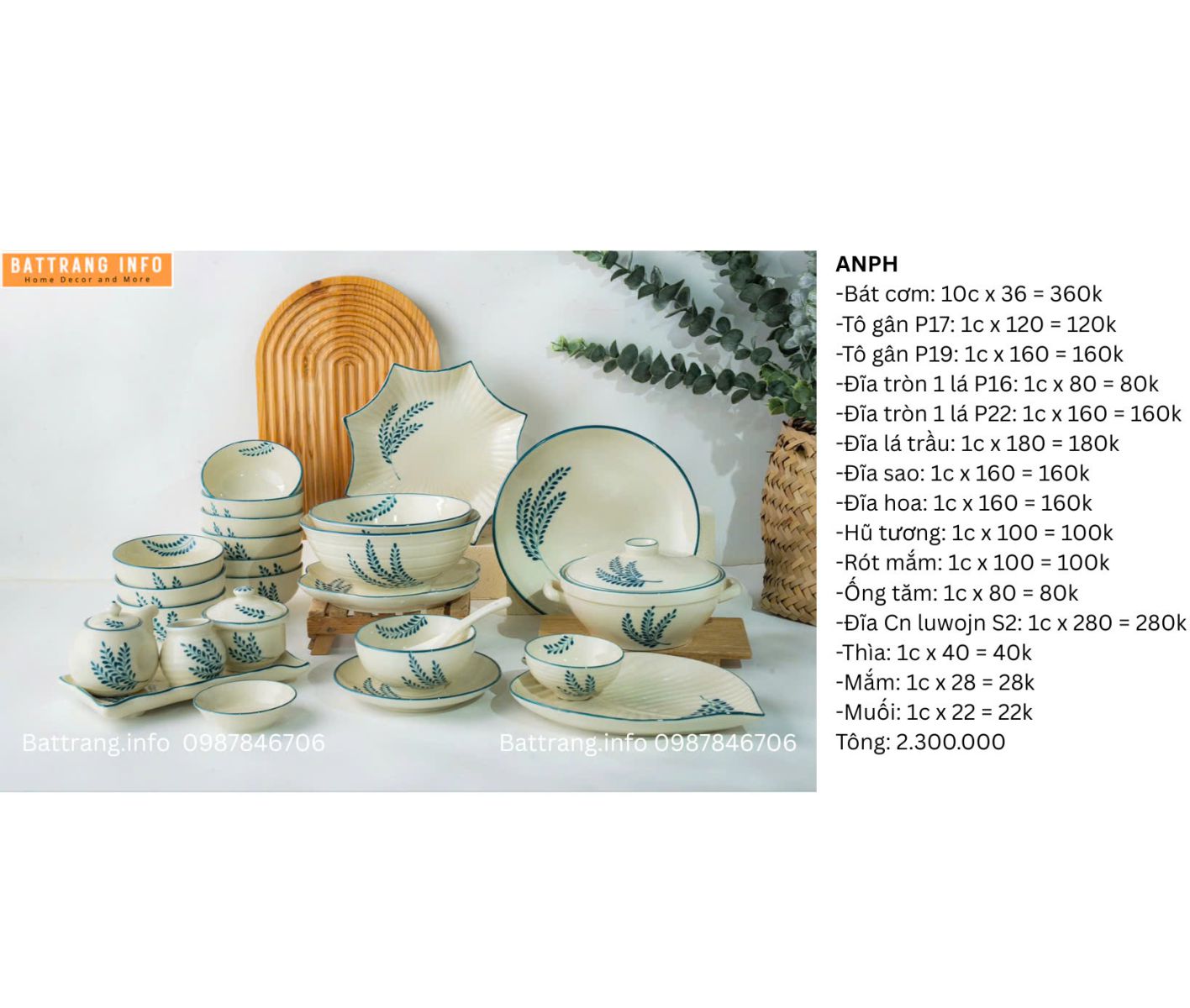 BỘ BÁT ĐĨA VẼ TAY BÁT TRÀNG 2300