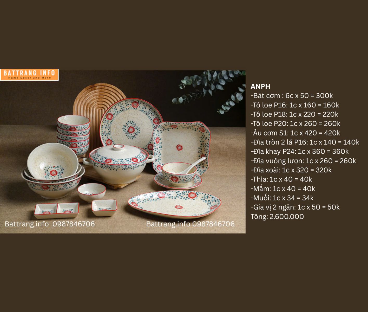 BỘ ĐỒ ĂN HOA DÂY ĐỎ 2600