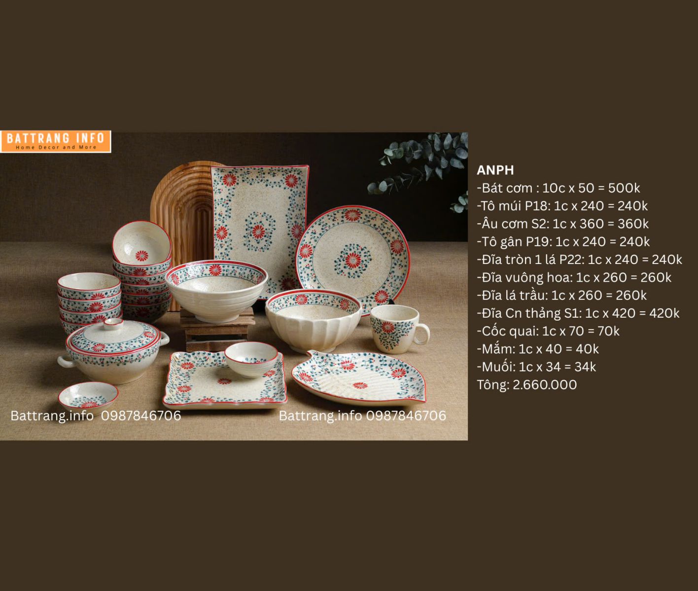 BỘ ĐỒ ĂN HOA DÂY ĐỎ 2660