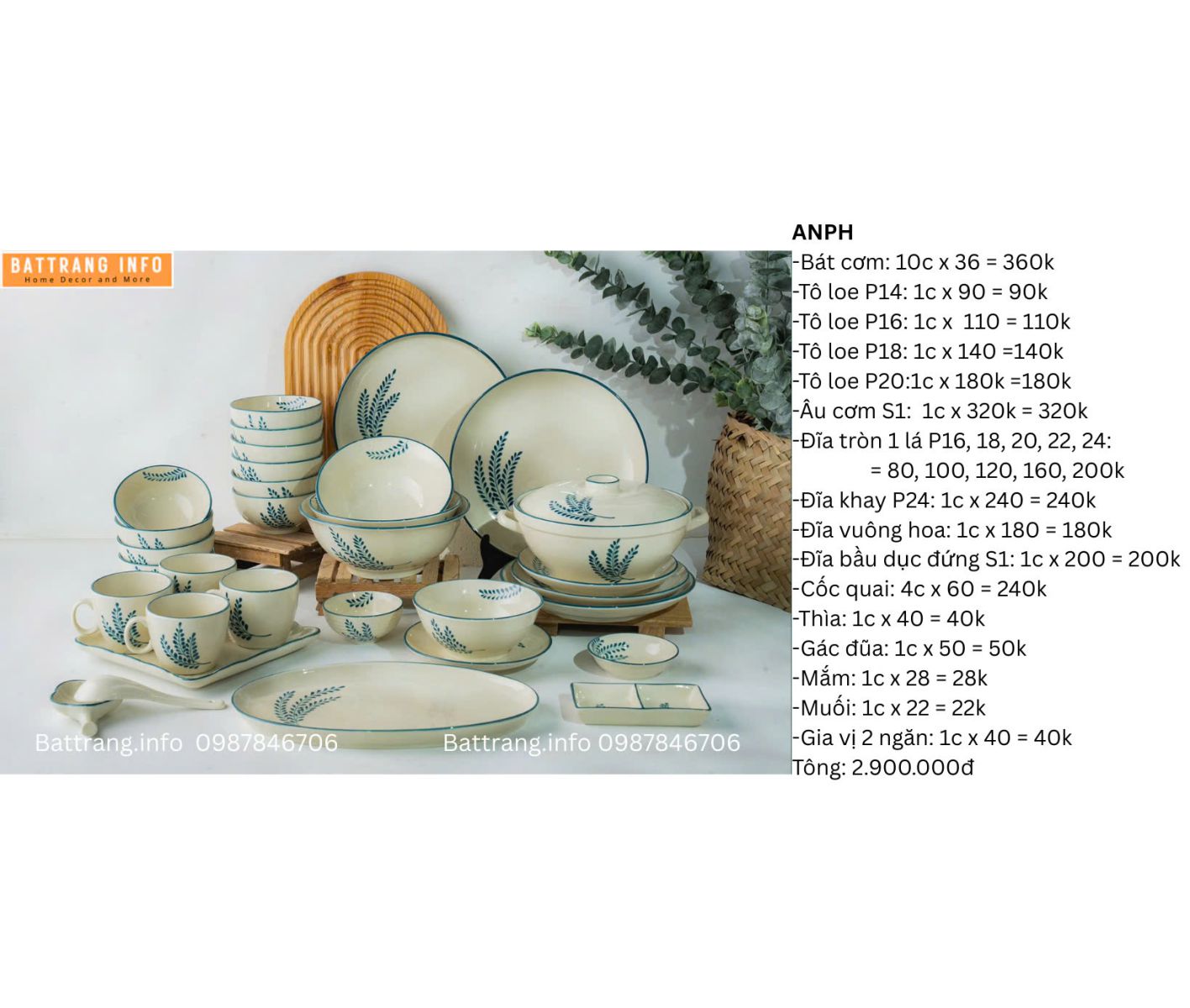 BỘ BÁT ĐĨA VẼ TAY BÁT TRÀNG 2900