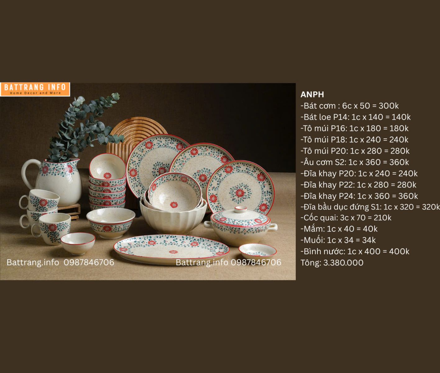 BỘ ĐỒ ĂN HOA DÂY ĐỎ 3380