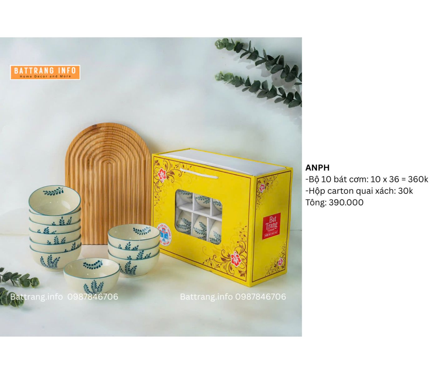 BỘ BÁT ĐĨA VẼ TAY BÁT TRÀNG 390
