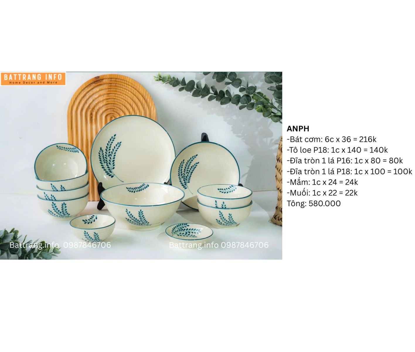 BỘ BÁT ĐĨA VẼ TAY BÁT TRÀNG 580