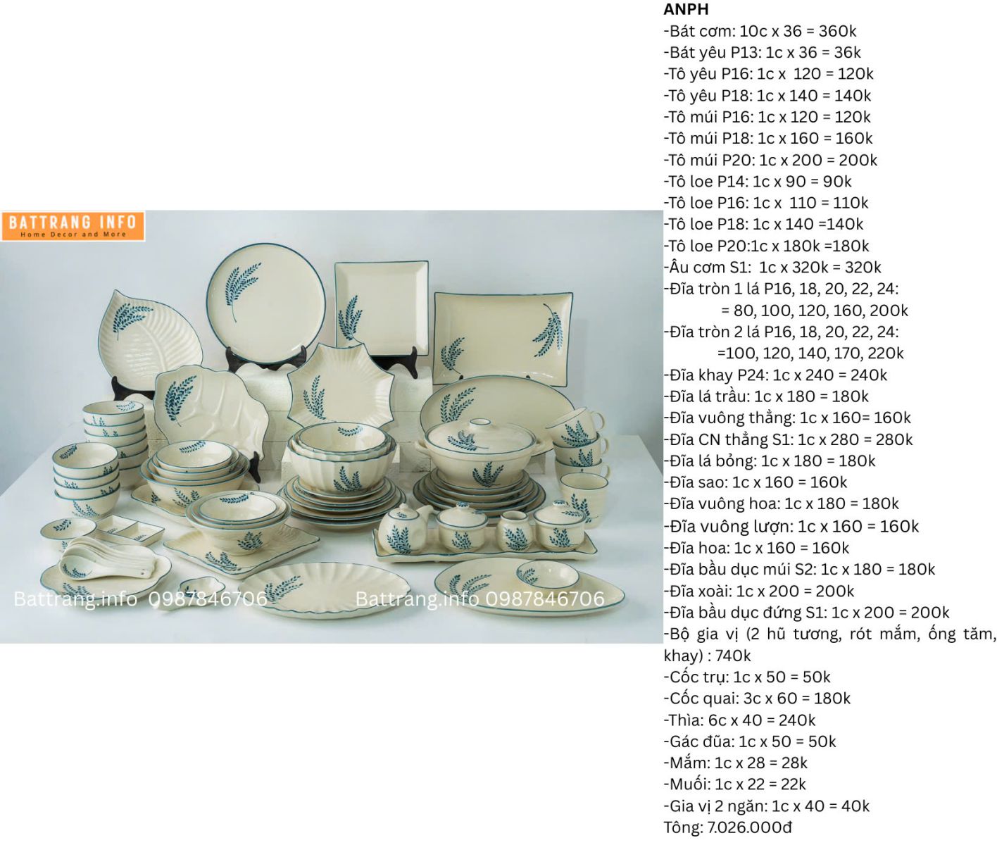 BỘ BÁT ĐĨA VẼ TAY BÁT TRÀNG 7026