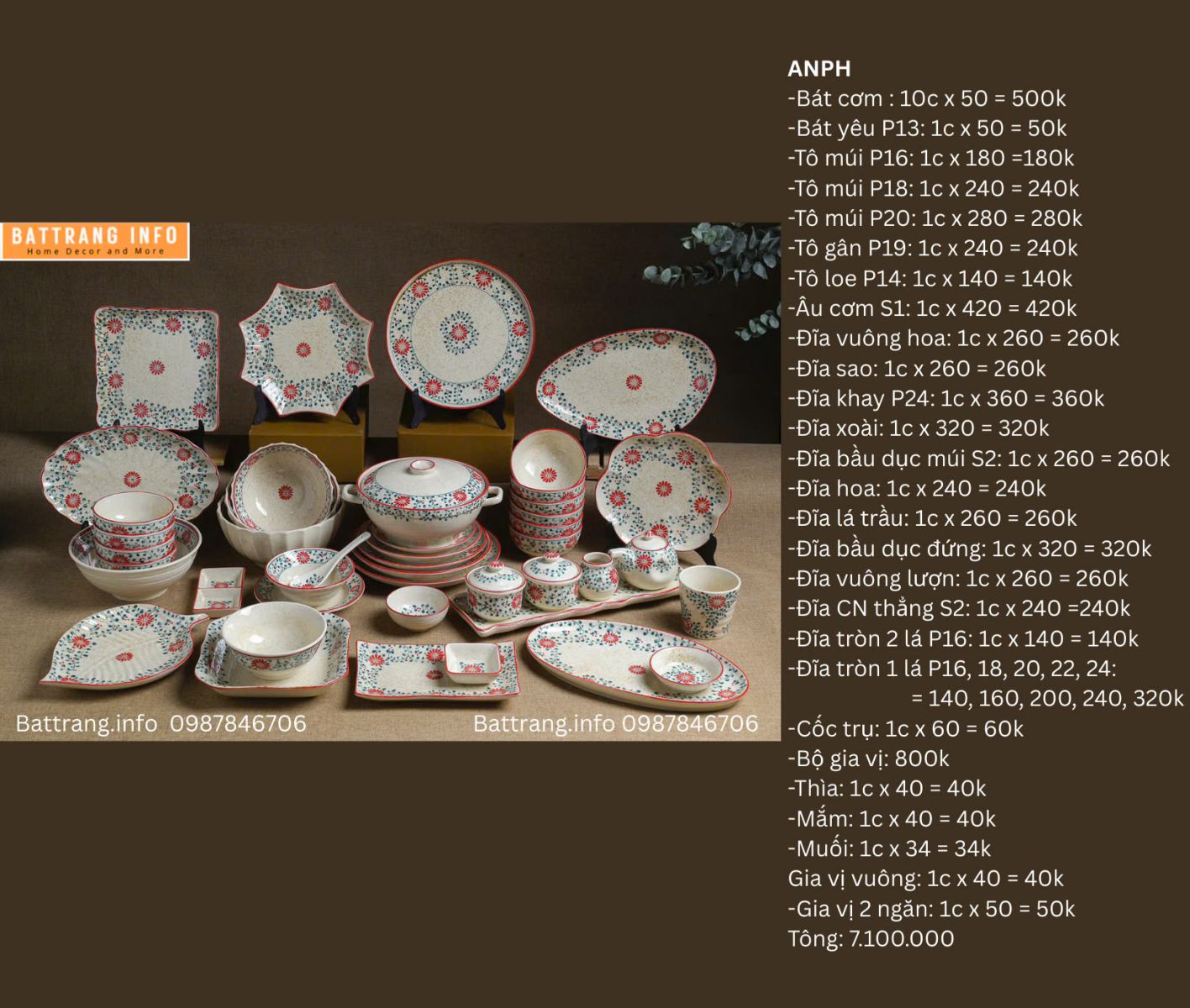 BỘ ĐỒ ĂN HOA DÂY ĐỎ 7100