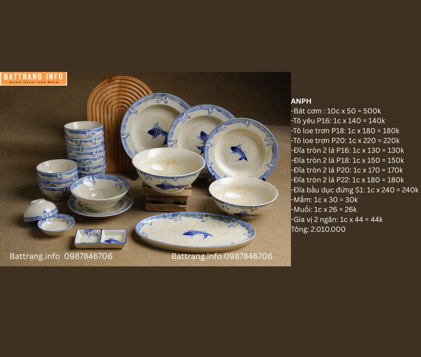 BỘ BÁT ĐĨA VẼ CÁ BÁT TRÀNG 2010