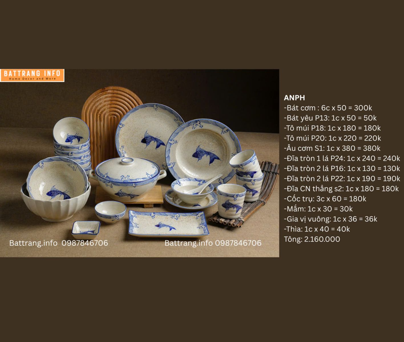 BỘ BÁT ĐĨA VẼ CÁ BÁT TRÀNG 2160