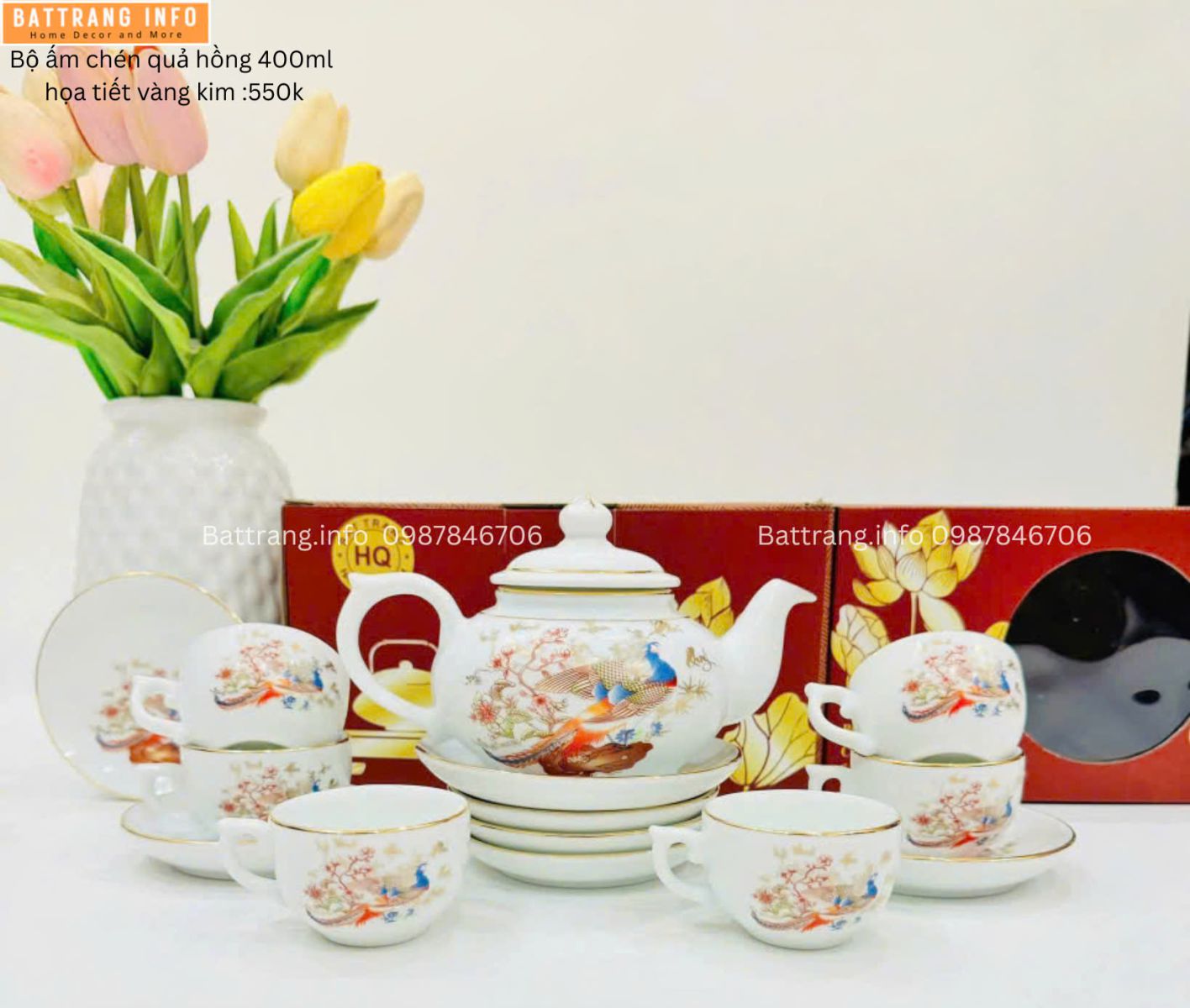 ẤM CHÉN QUẢ HỒNG CÔNG DANH PHÚ QUÝ VÀNG KIM 400ML