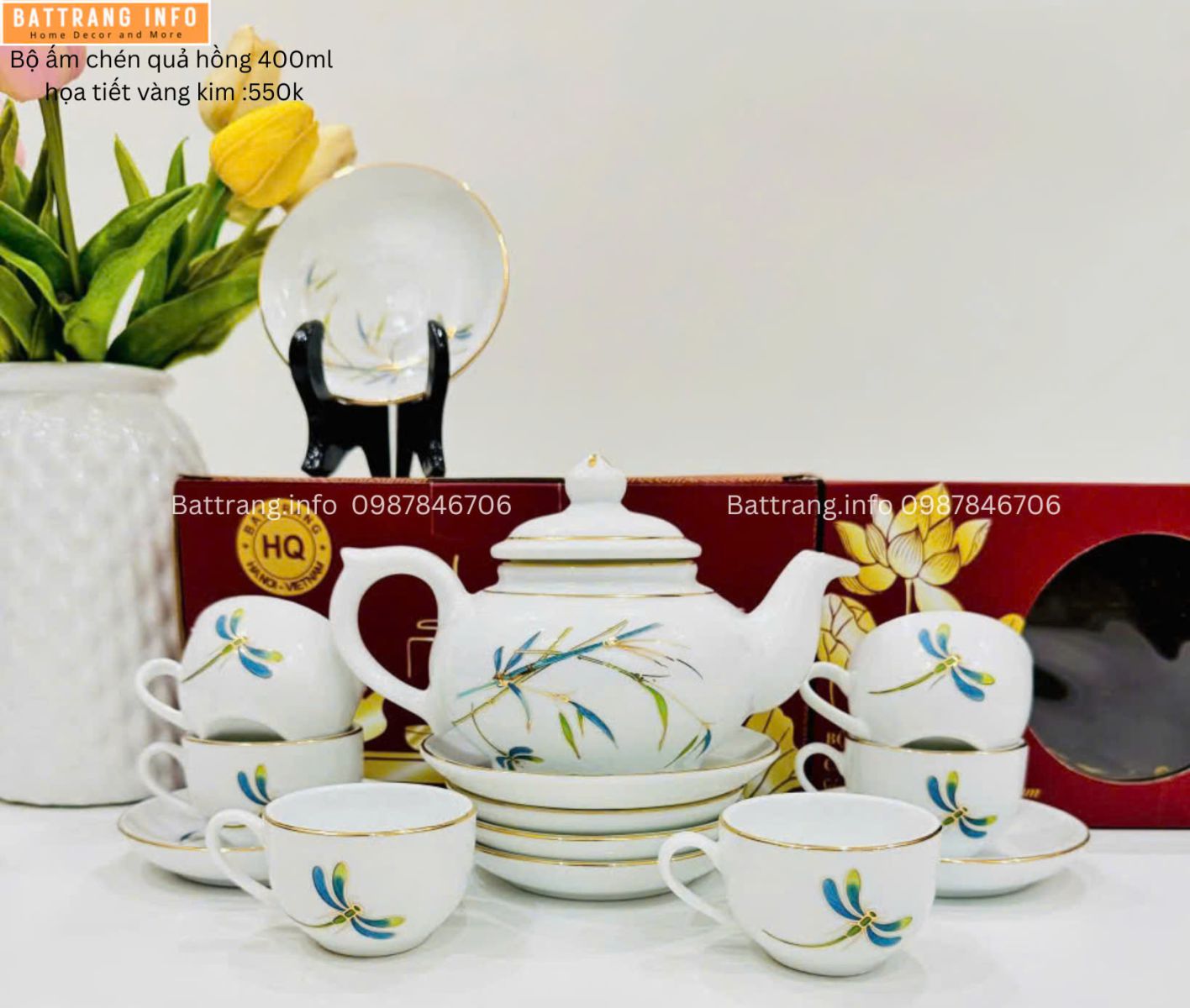 ẤM CHÉN QUẢ HỒNG TRÚC CHUỒN VÀNG KIM 400ML