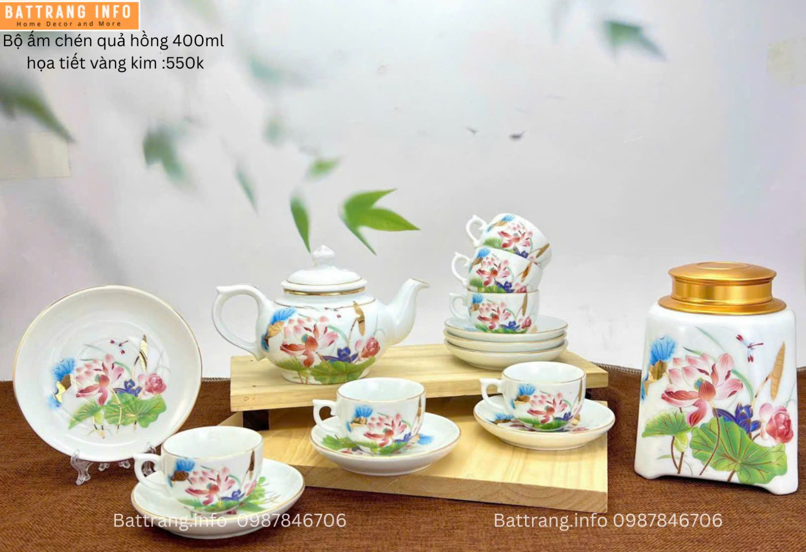 ẤM CHÉN QUẢ HỒNG SEN PHÚ QUÝ VÀNG KIM 400ML