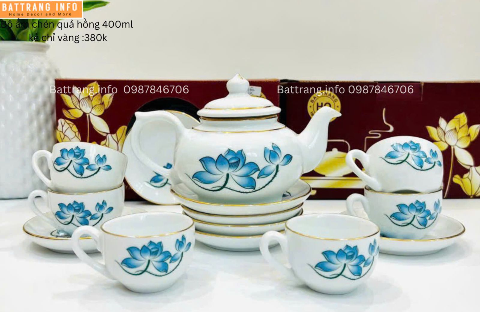 ẤM CHÉN QUẢ HỒNG SEN XANH CHỈ VÀNG 400ML