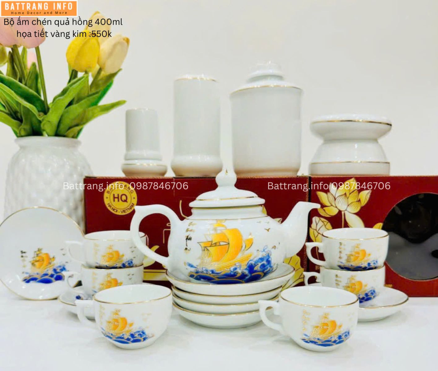 ẤM CHÉN QUẢ HỒNG THUẬN BUỒM VÀNG KIM 400ML