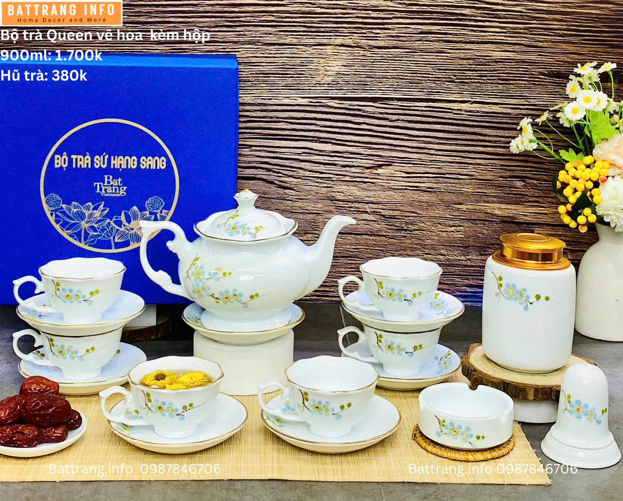 Bộ ấm chén Queen vẽ hoa kèm hộp 900ml cao cấp Bát Tràng – Sang trọng, tinh tế cho không gian sống đẳng cấp