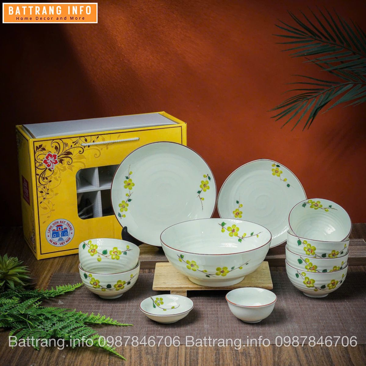 Bộ Bát Đĩa Quà Tặng Cao Cấp Bát Tràng - Đào cốm