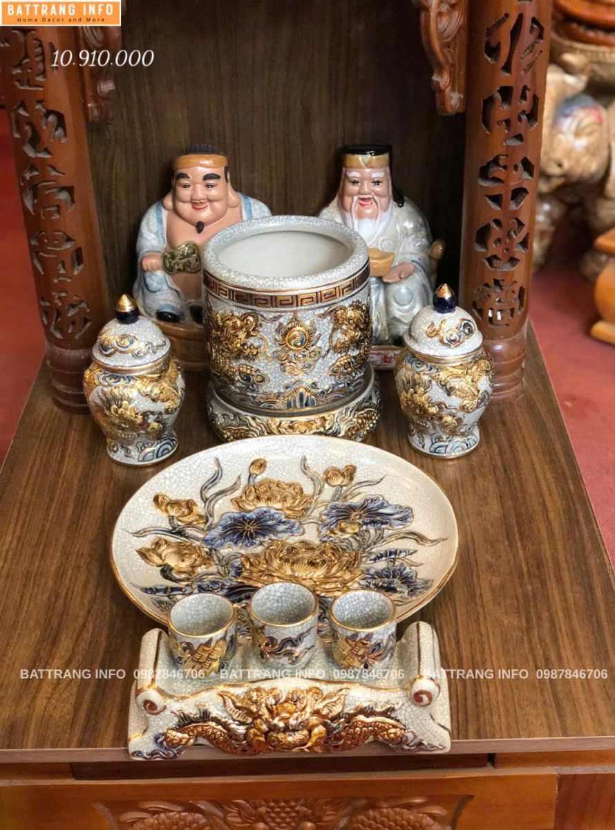 Bộ Đồ Thờ Men Rạn Đắp Nổi Vẽ Vàng 24K Cao Cấp Bát Tràng Cho Bàn Thờ Thần Tài