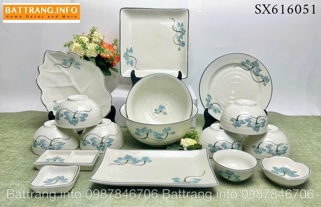 Bộ Bát Đĩa Sen Xanh Vẽ Tay Cao Cấp Bát Tràng