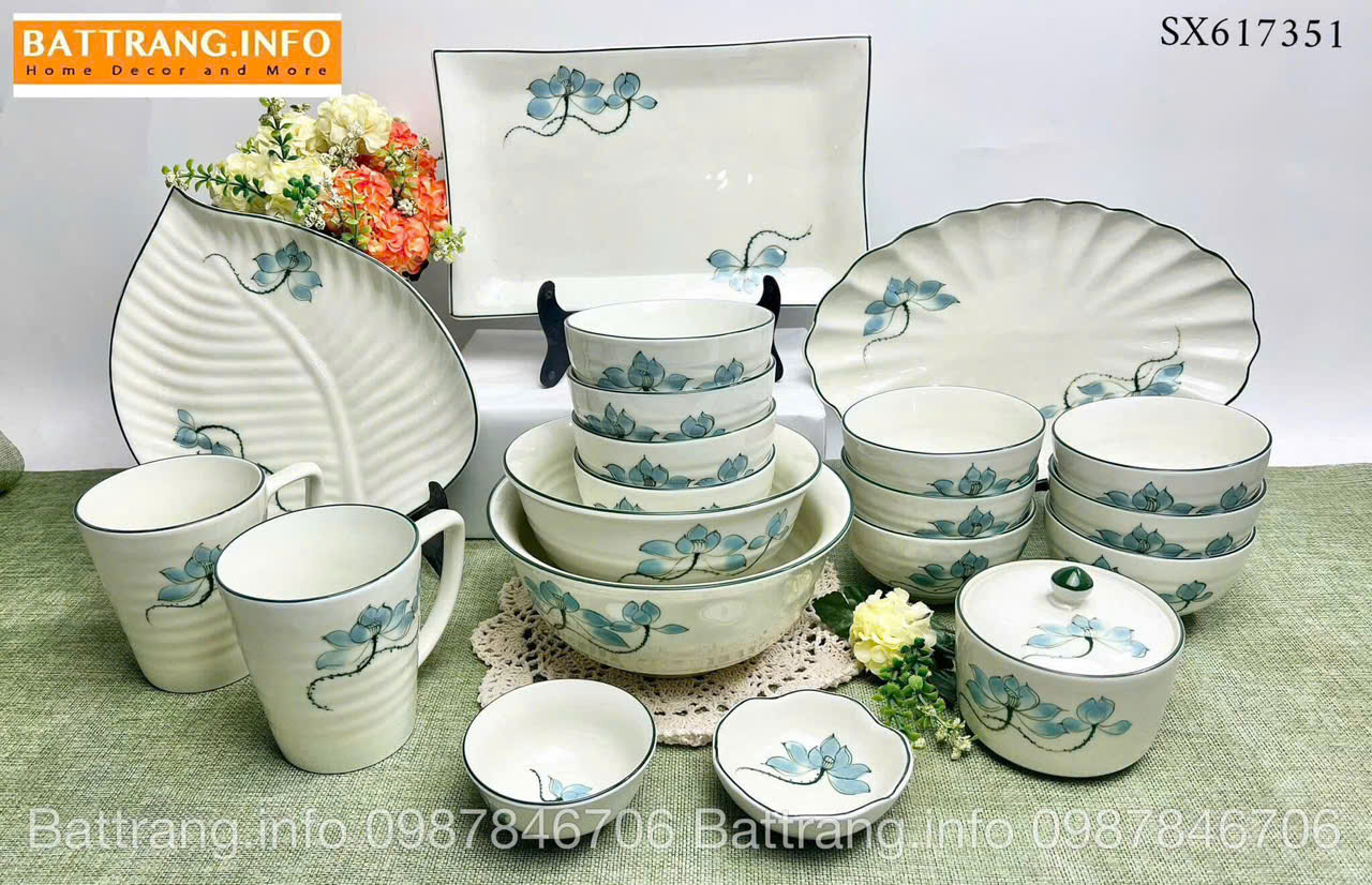 Bộ Bát Đĩa Sen Xanh Vẽ Tay Cao Cấp Bát Tràng