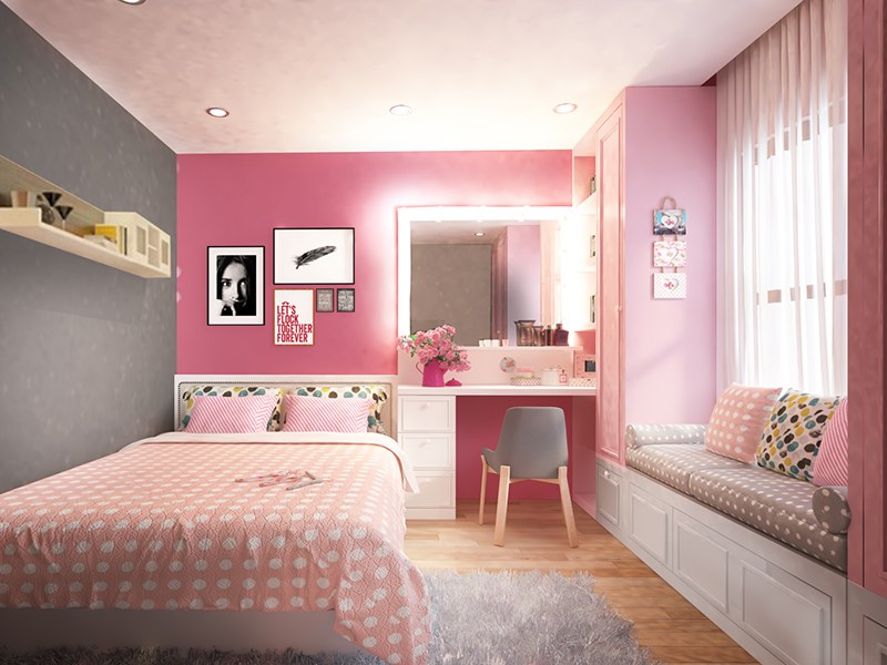 Phòng ngủ tông hồng xám
