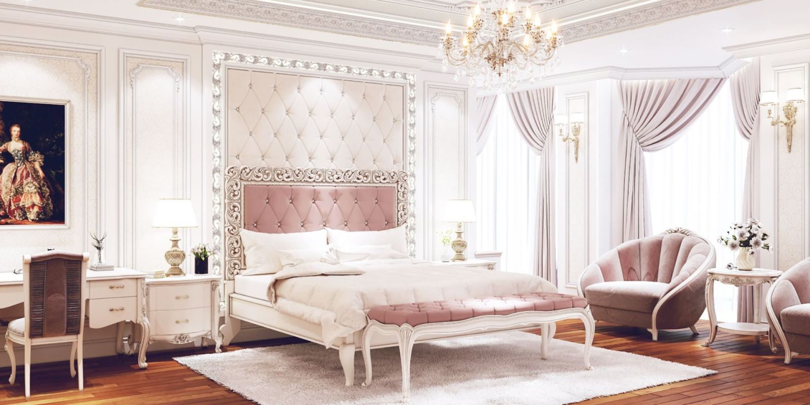 Ý tưởng phòng ngủ màu hồng thiết kế theo phong cách tân cổ điển