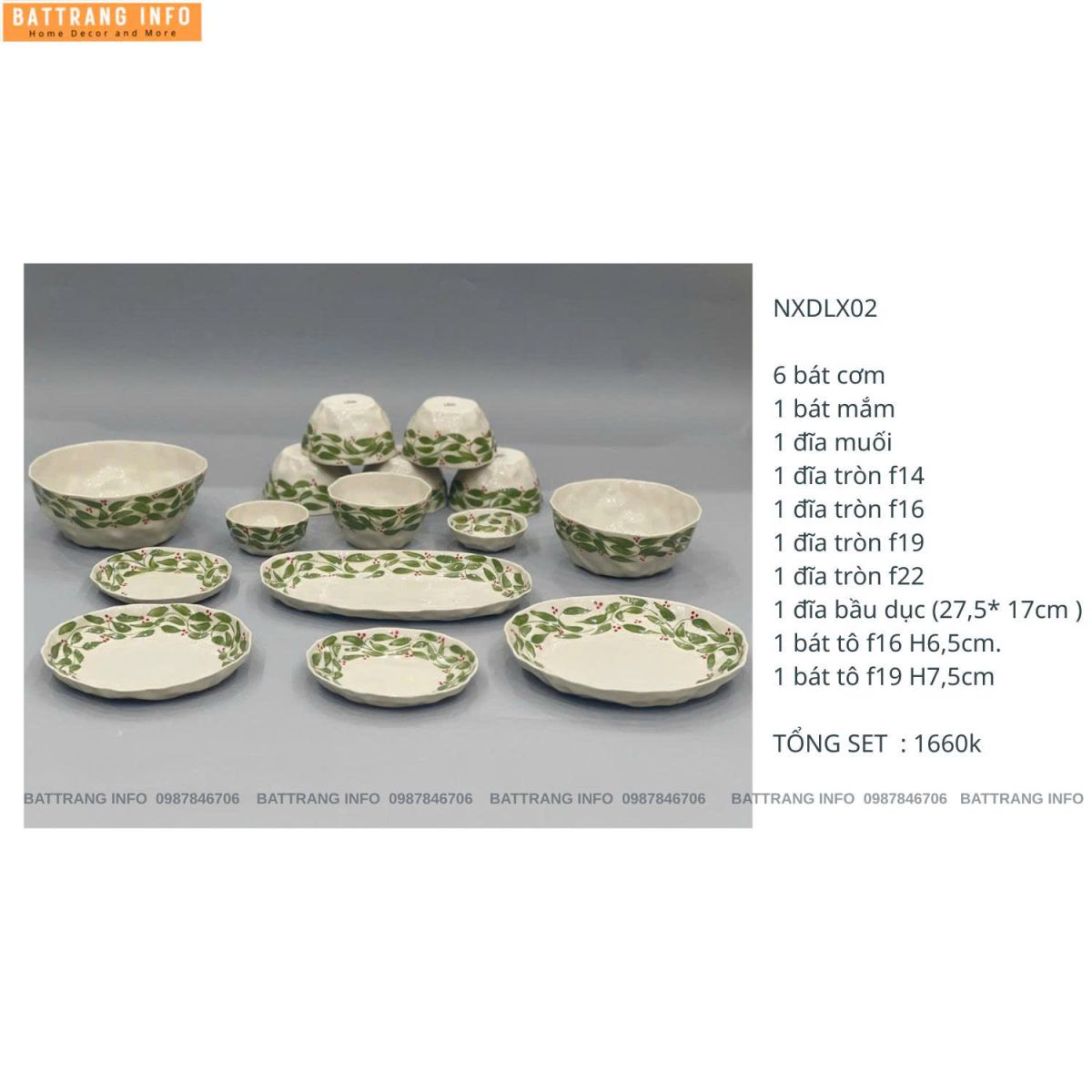 Bộ Bát Đĩa Dáng Nặn Vẽ Tay Xuất Dư Phong Cách Châu Âu Họa Tiết Lá Xanh Bát Tràng