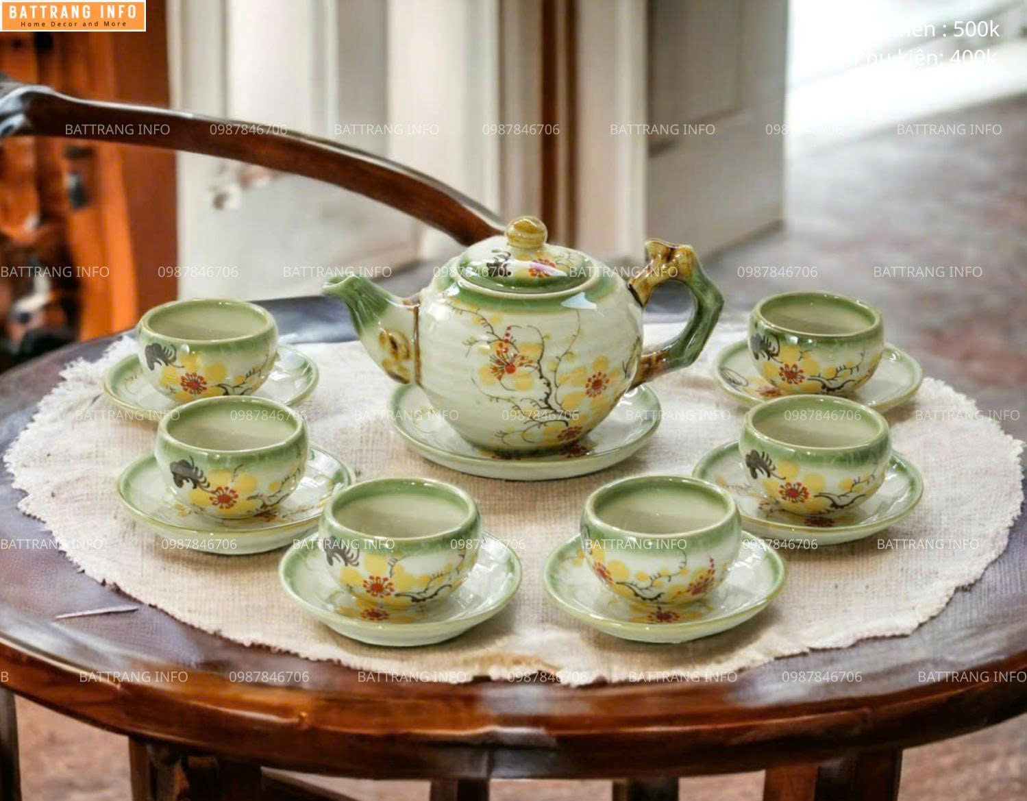 Bộ Ấm Chén Hoa Vẽ Tay Men Kem Cao Cấp Bát Tràng