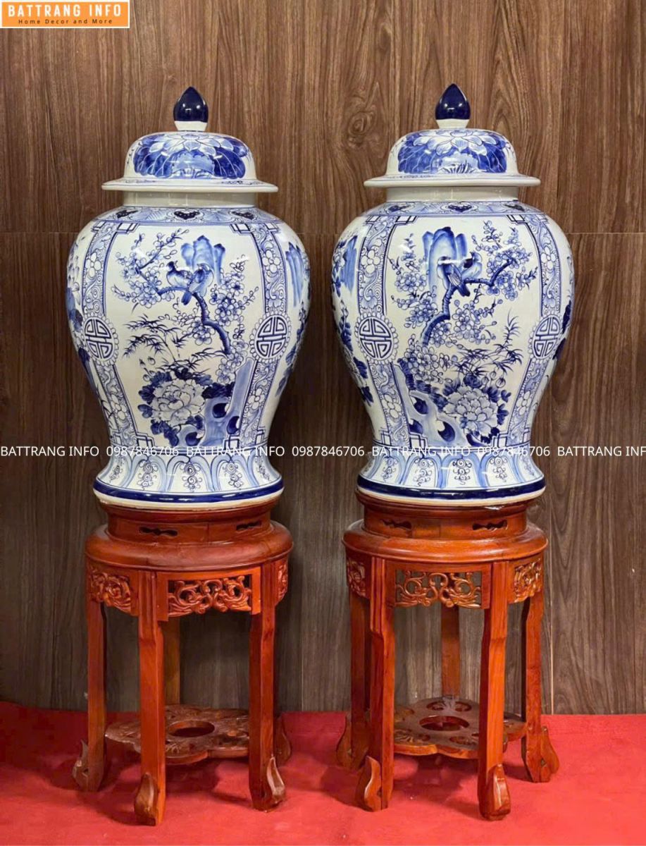 Cặp Choé Tứ Cảnh Men Lam Vẽ Tay Cao Cấp Bát Tràng