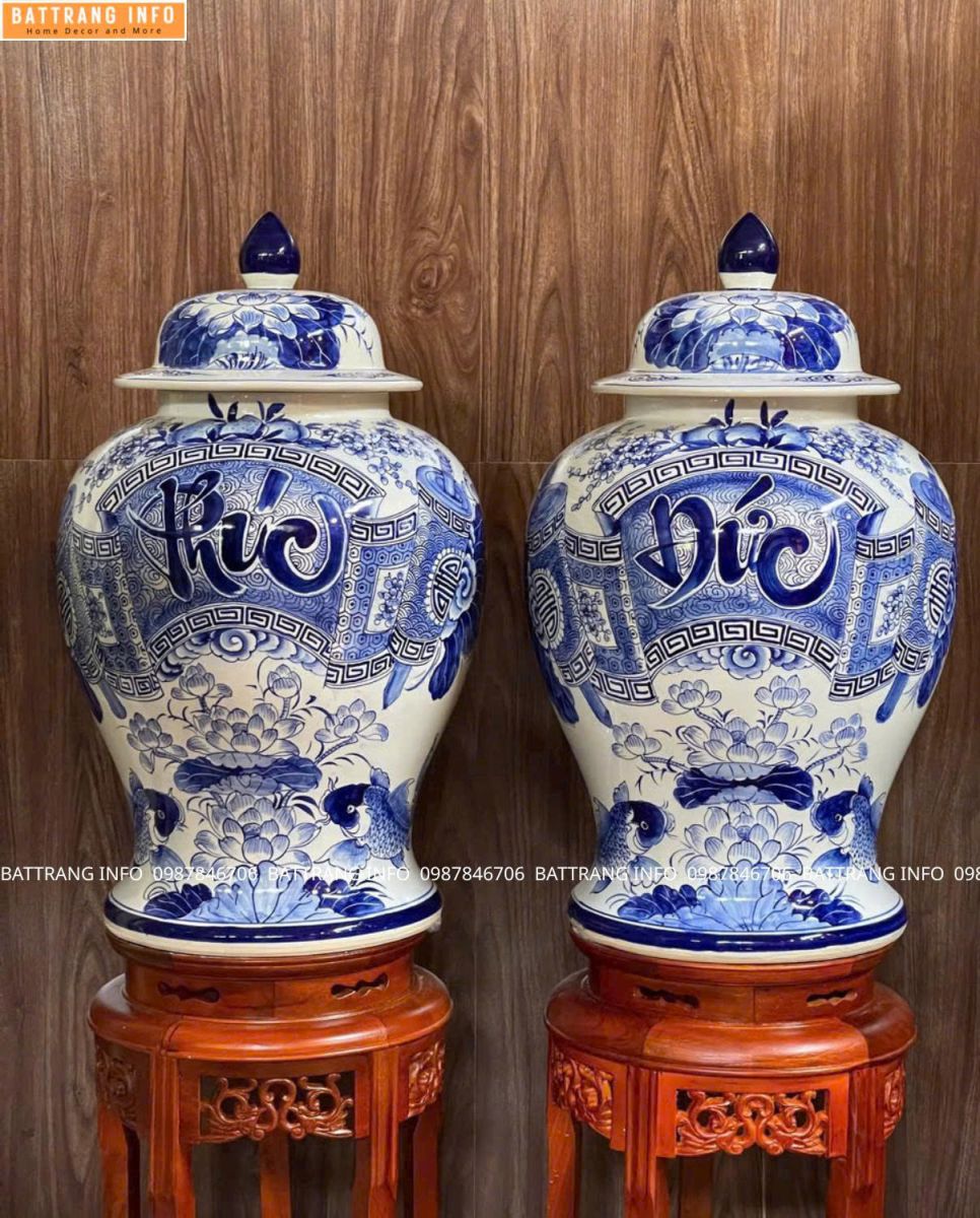 Cặp Choé Phúc Đức Men Lam Vẽ Tay Cao Cấp Bát Tràng
