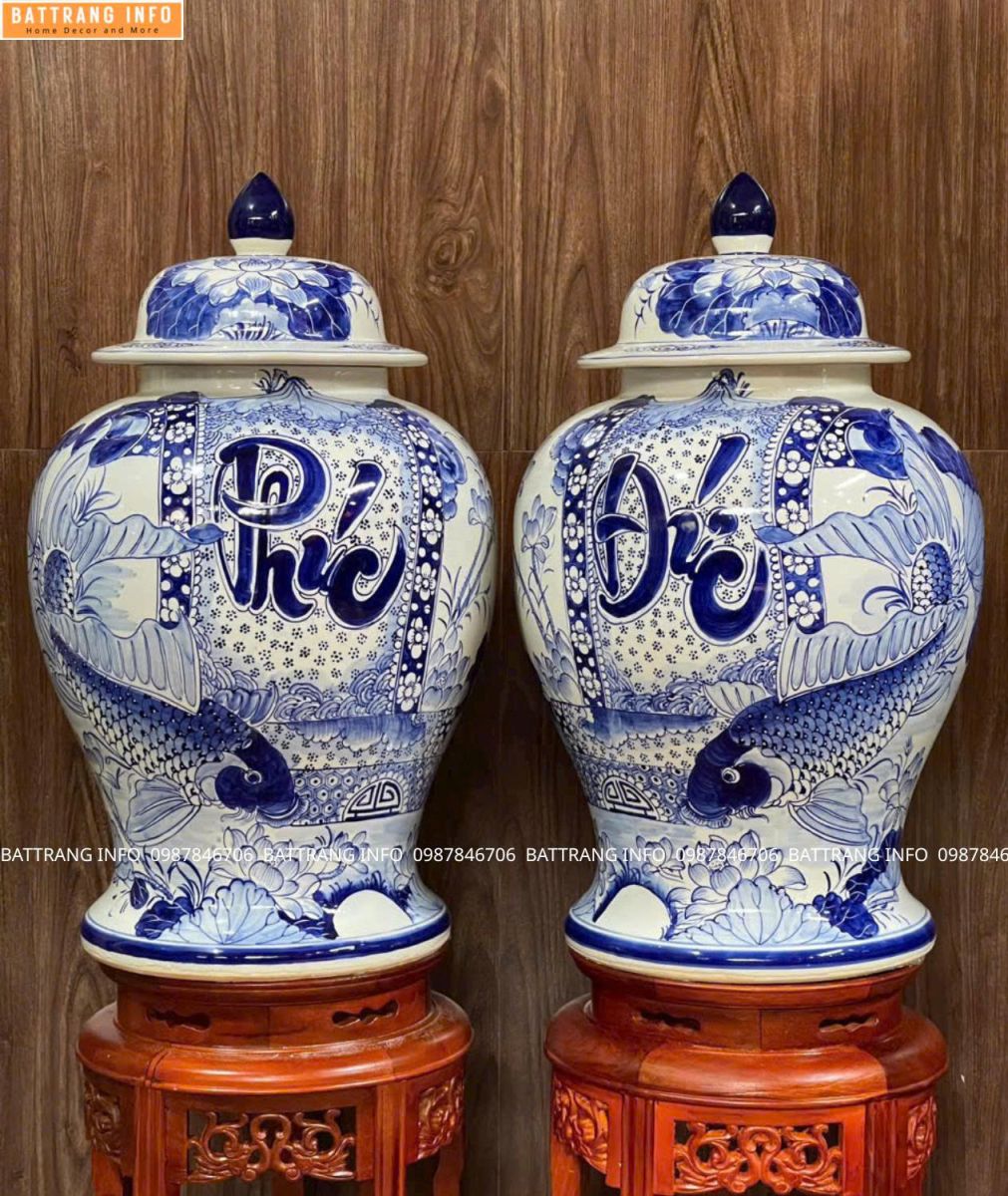 Cặp Choé Phúc Đức Men Lam Vẽ Tay Cao Cấp Bát Tràng