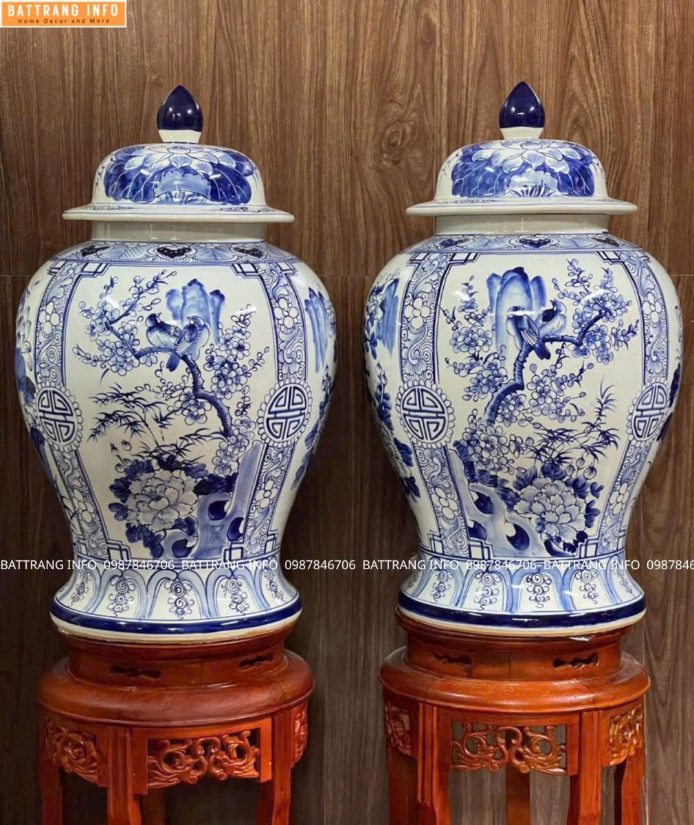 Cặp Choé Tứ Cảnh Men Lam Vẽ Tay Cao Cấp Bát Tràng