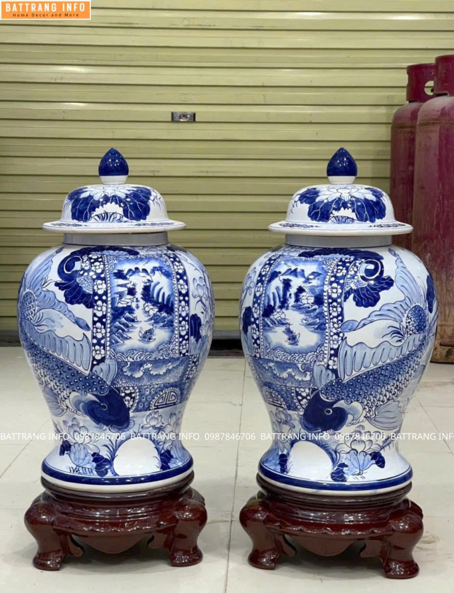 Cặp Chóe Sen Phú Quý Men Lam Vẽ Tay Cao Cấp Bát Tràng