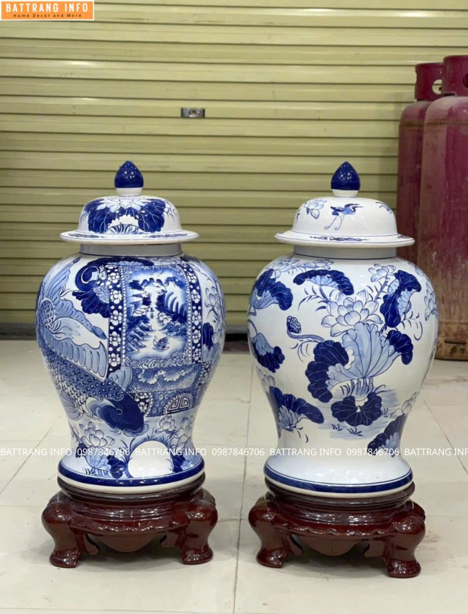 Cặp Chóe Sen Phú Quý Men Lam Vẽ Tay Cao Cấp Bát Tràng