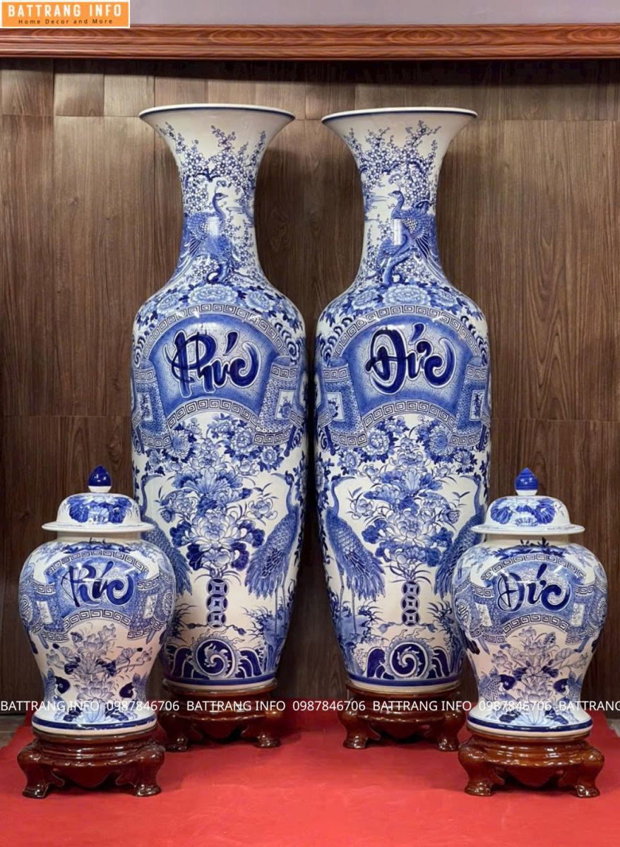 Combo Lộc Bình Và Chóe Phúc Đức Men Lam Vẽ Tay Cao Cấp Bát Tràng