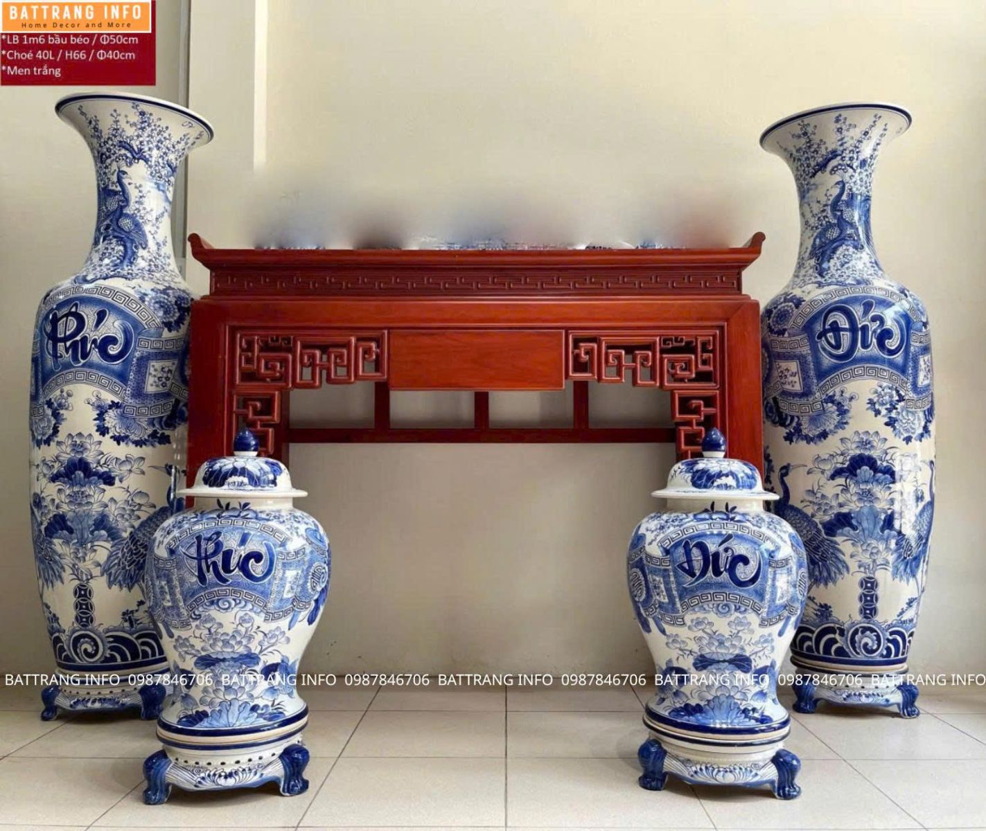 Combo Lộc Bình Và Chóe Phúc Đức Men Lam Vẽ Tay Cao Cấp Bát Tràng
