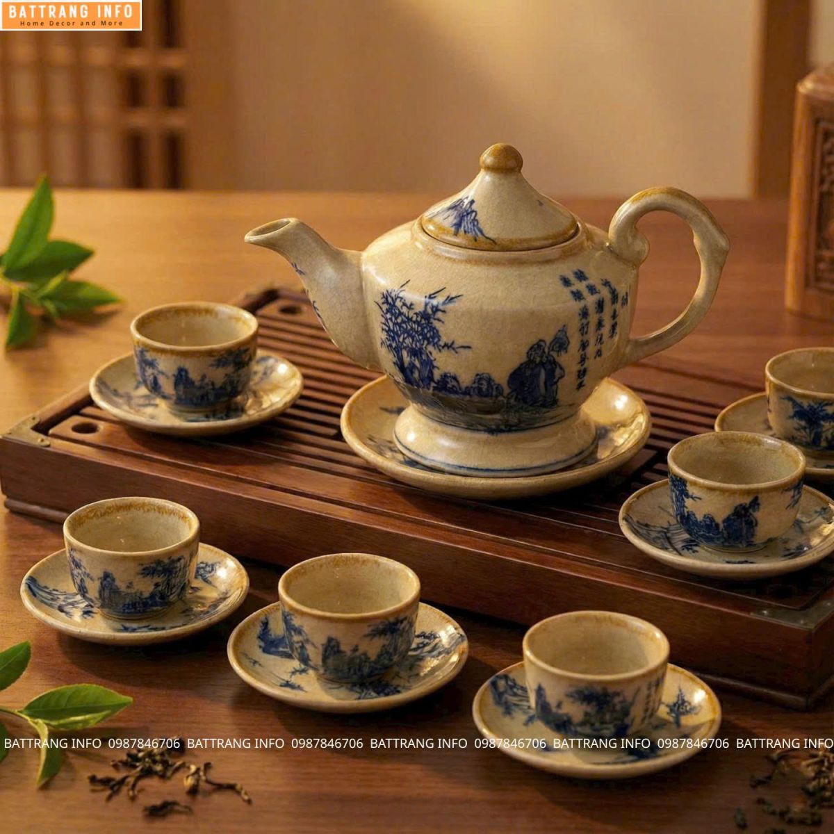 Ấm Chén Men Mật Họa Tiết Trúc Lâm Thất Hiền Cao Cấp Bát Tràng