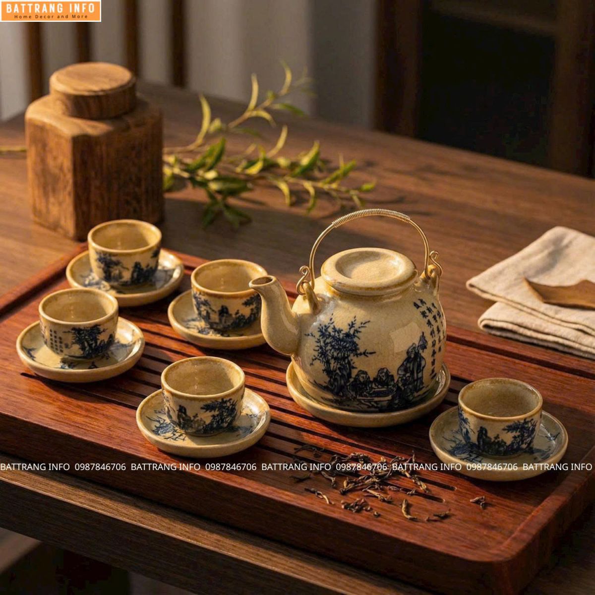 Ấm Chén Men Mật Họa Tiết Trúc Lâm Thất Hiền Cao Cấp Bát Tràng
