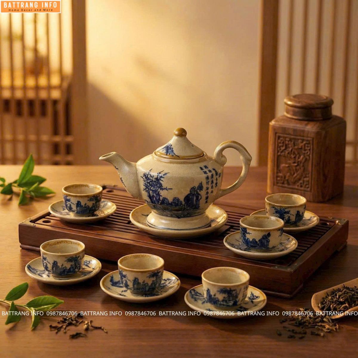 Ấm Chén Men Mật Họa Tiết Trúc Lâm Thất Hiền Cao Cấp Bát Tràng
