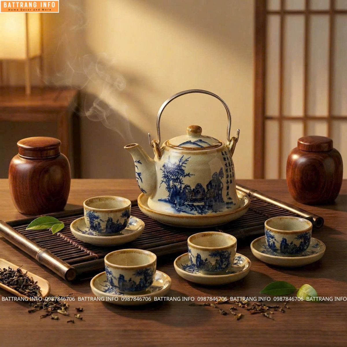 Ấm Chén Men Mật Họa Tiết Trúc Lâm Thất Hiền Cao Cấp Bát Tràng – Tinh Hoa Nghệ Thuật Thưởng Trà Việt