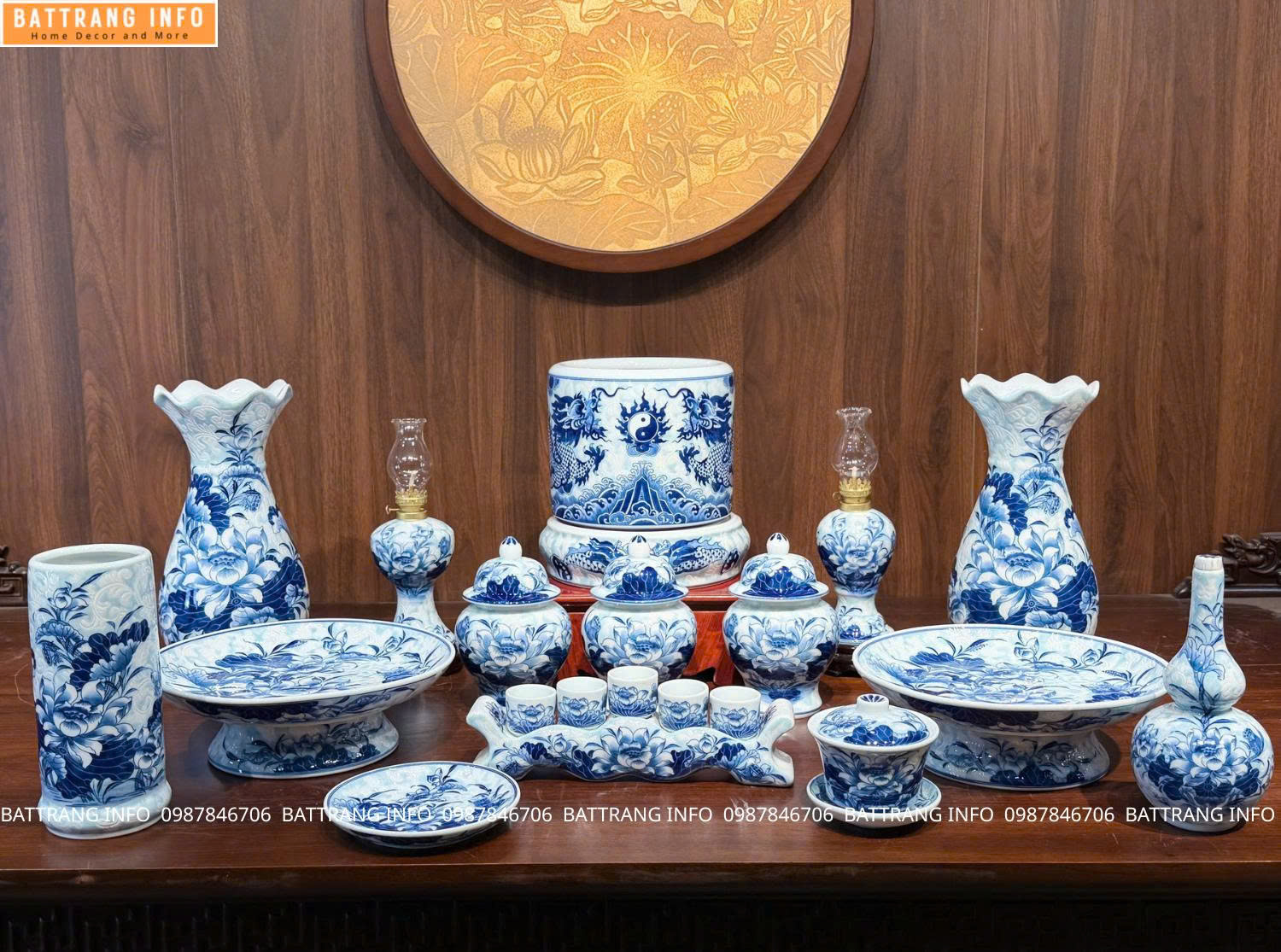 Bộ Đồ Thờ Gại Gấm Men Lam Xanh Cao Cấp Bát Tràng