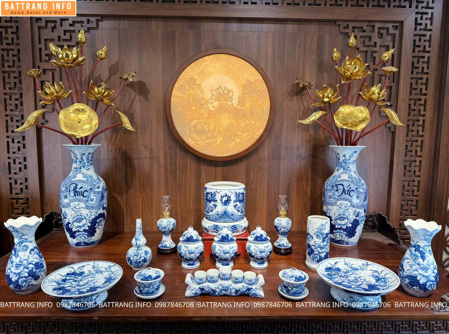 Bộ Đồ Thờ Gại Gấm Men Lam Xanh Cao Cấp Bát Tràng
