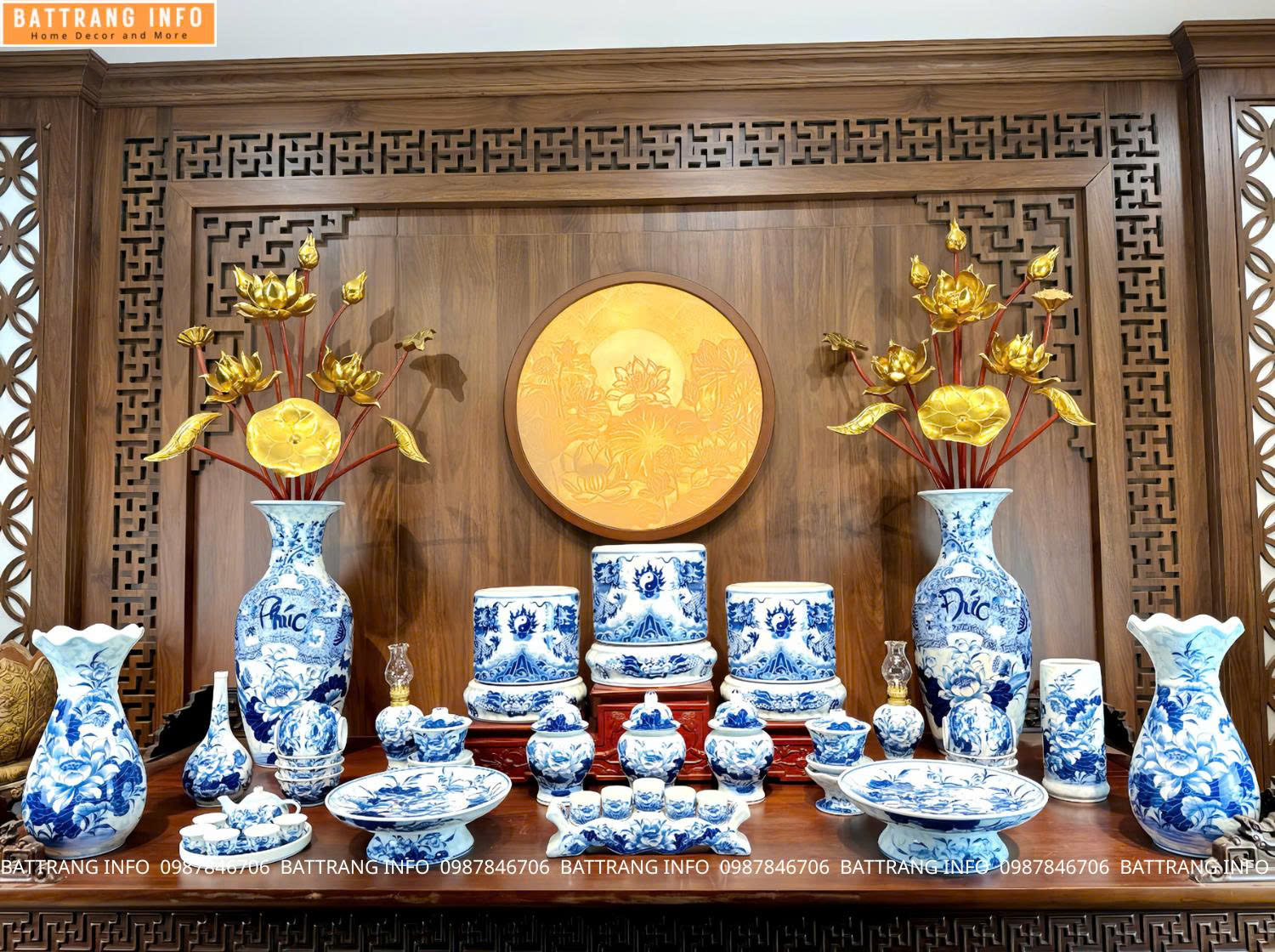 Bộ Đồ Thờ Gại Gấm Men Lam Xanh Cao Cấp Bát Tràng – Vẻ Đẹp Truyền Thống, Nâng Tầm Không Gian Thờ Cúng