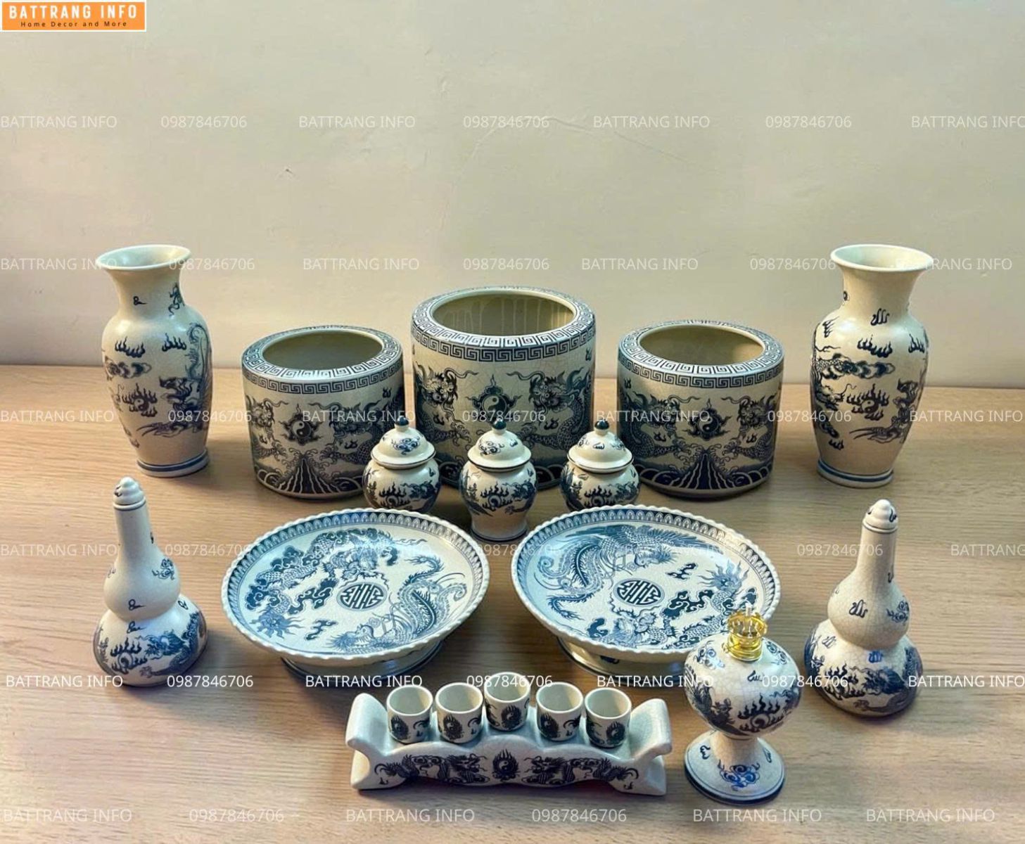 Bộ Đồ Thờ Men Rạn Vẽ Rồng Cao Cấp Bát Tràng 2