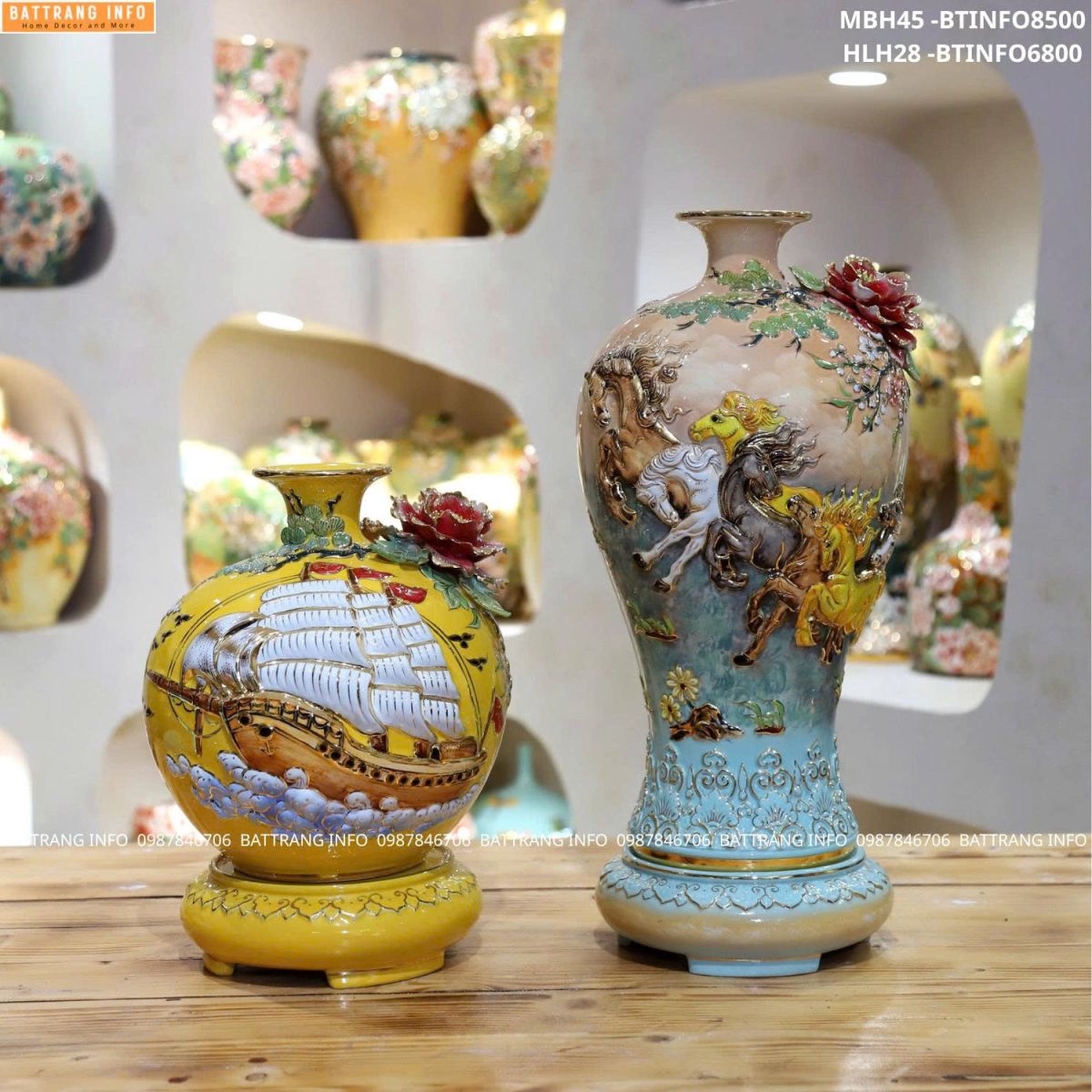 Cặp Mai Bình Mã Đáo Thành Công và Bình Hút Lộc Thuận Buồm Xuôi Gió Men Màu 3D Đắp Nổi Vẽ Vàng 24K Cao Cấp Bát Tràng