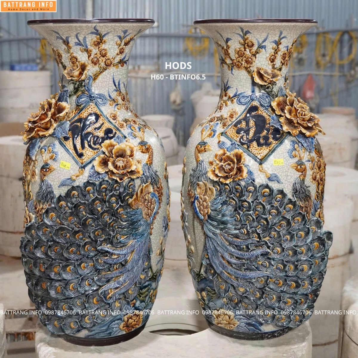 Lộc Bình Công Danh Phú Quý Men Rạn Đắp Nổi Cao 60cm Cao Cấp Bát Tràng