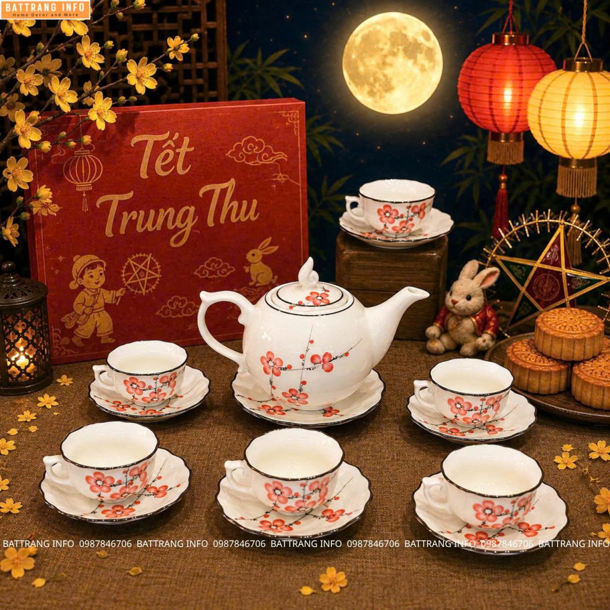 Bộ ấm chén vẽ hoa đào cao cấp Bát Tràng