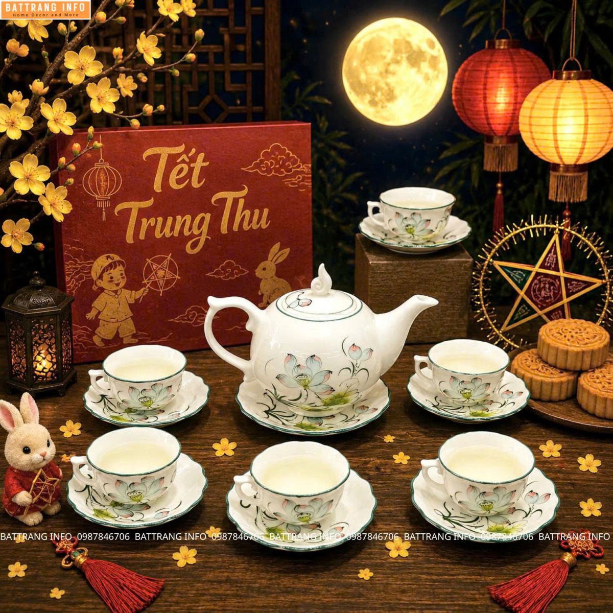 Bộ ấm chén vẽ hoa sen cao cấp Bát Tràng