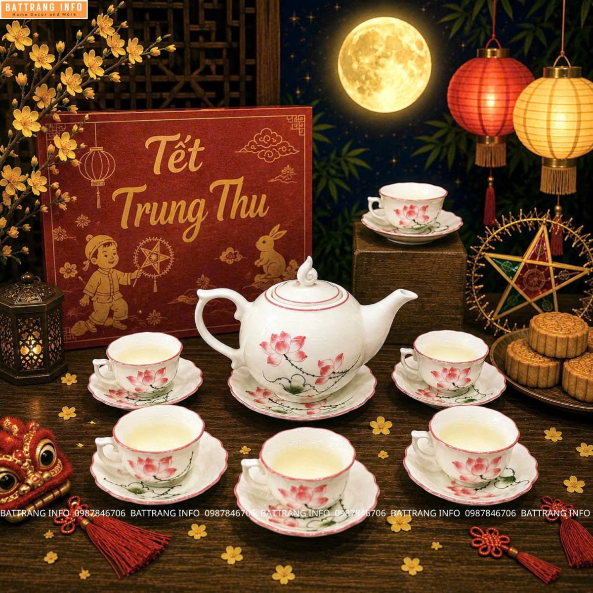 Bộ ấm chén vẽ hoa sen cao cấp Bát Tràng