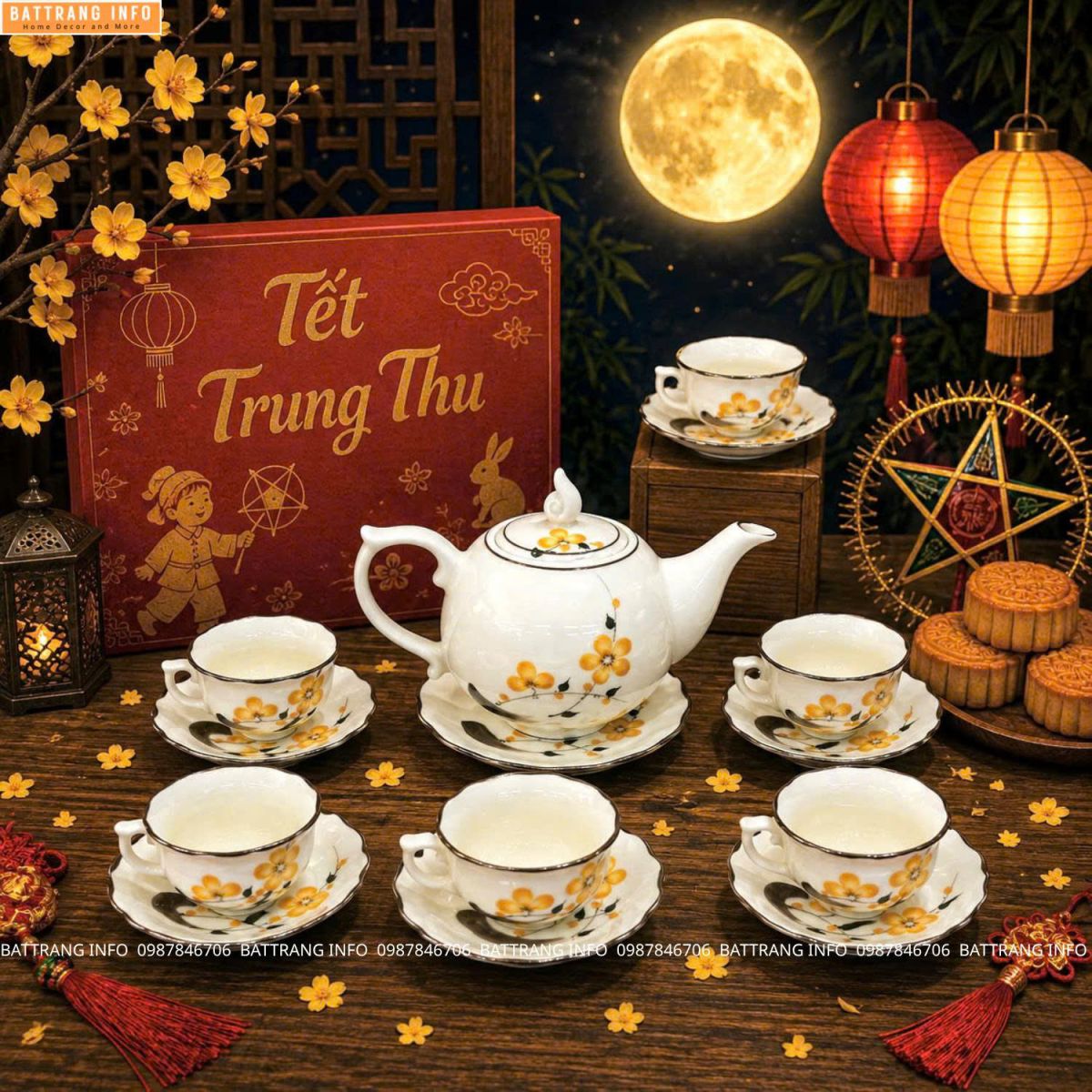 Bộ ấm chén vẽ hoa đào cao cấp Bát Tràng