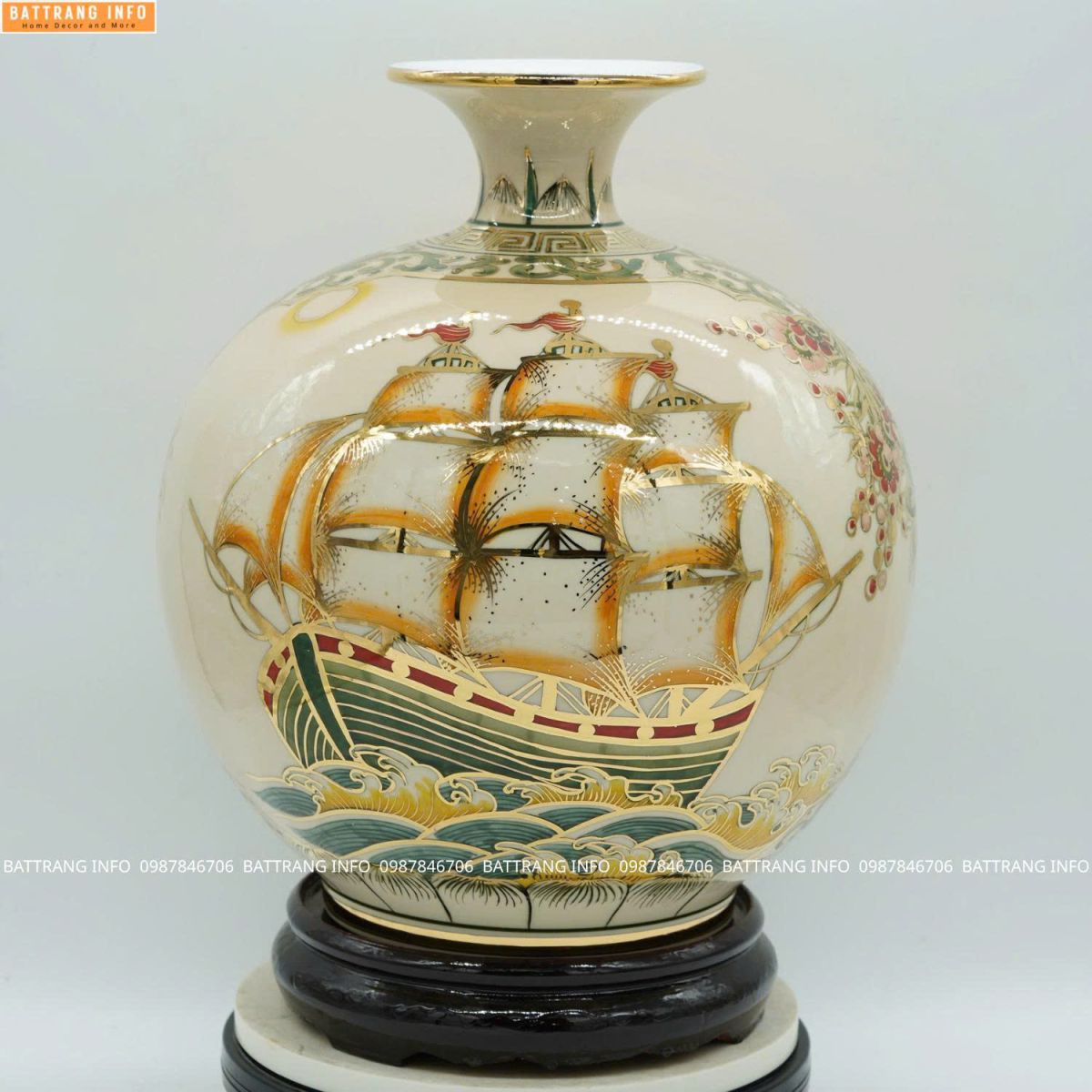 Bình Hút Tài Lộc Nhị Cảnh Thuận Buồm Xuôi Gió & Chim Hoa Cao 35cm Vẽ Vàng 24K Cao Cấp Bát Tràng