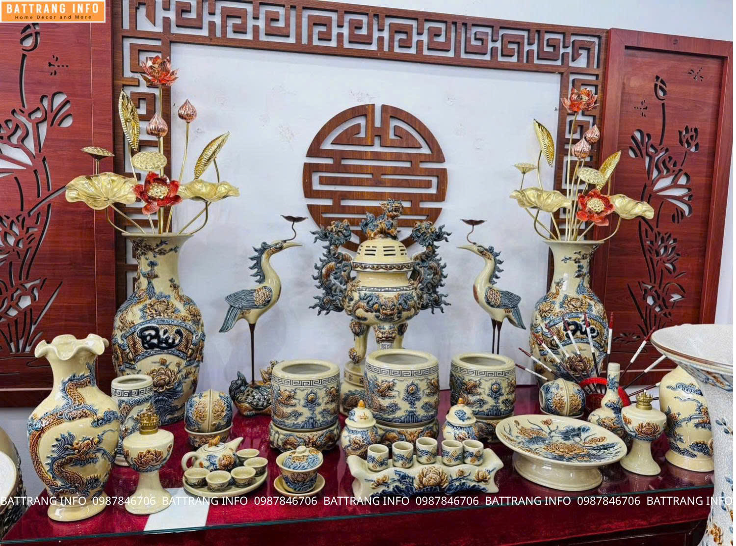 Bộ đồ thờ men hoàng thổ đắp nổi cao cấp Bát Tràng – Tinh hoa nghệ thuật thờ cúng truyền thống