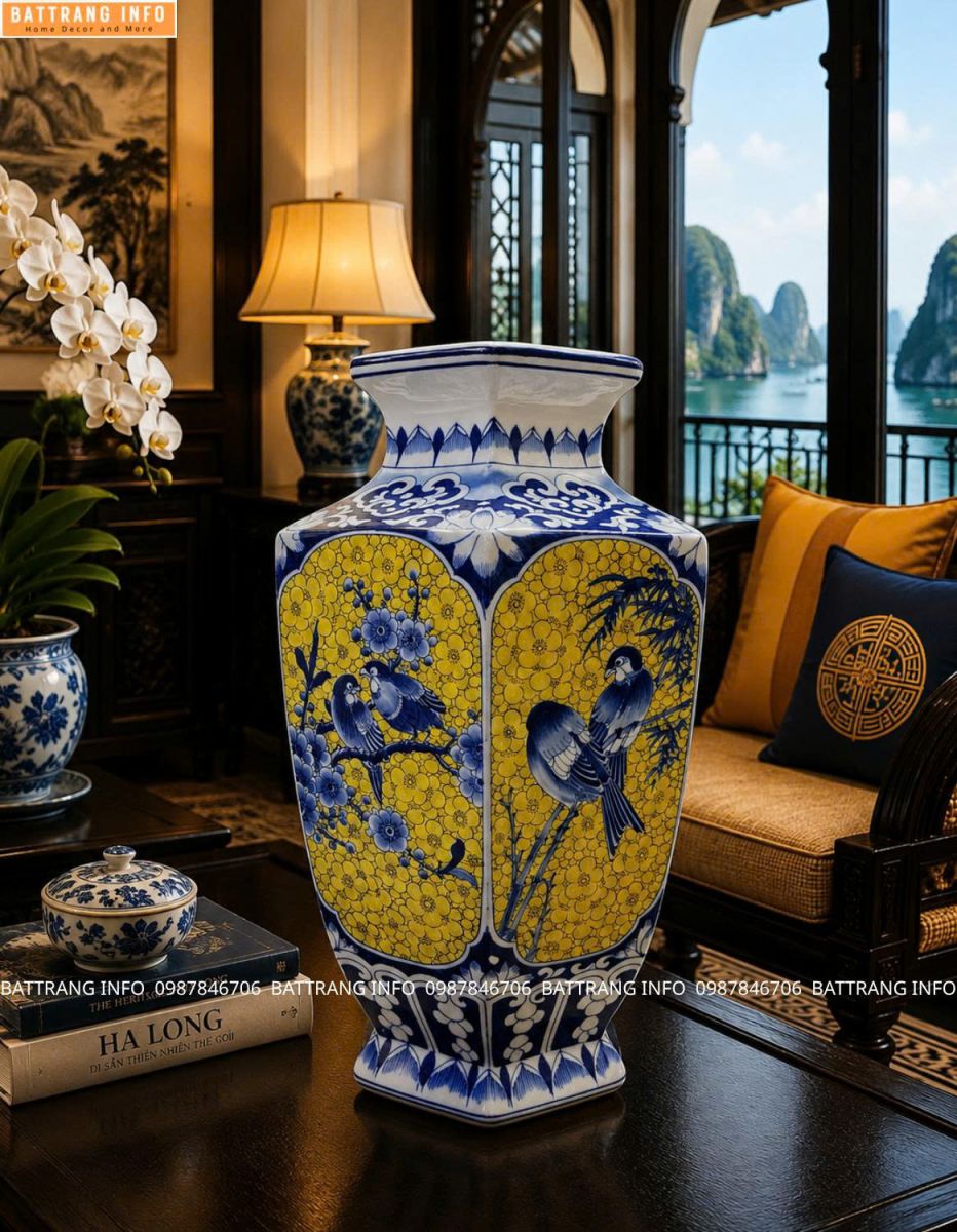 Địa chỉ bán Bình trang trí Lục giác gấm vàng vẽ tay cao cấp Bát Tràng – Cảnh 4 mùa ở đâu giá rẻ